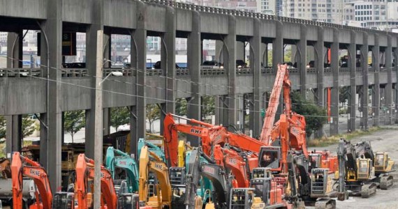 The machines that will demolish the south end of the Alaskan Way Viaduct stacked up on the east side of the viaduct near Royal Brougham Way. The demolition starts the evening of Oct. 21, 2011. (PHOTO COURTESY WSDOT)