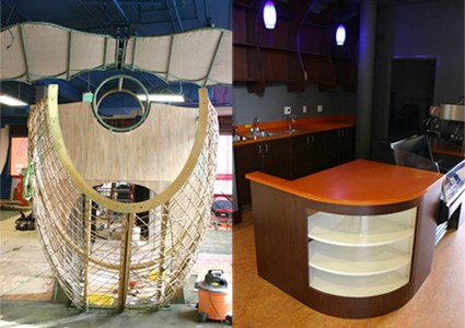CLOCKWISE FROM TOP: "The Children's Museum has been looking for a new home for a long time," says Children's Museum of Tacoma Executive Director Tanya Andrews, who has been with the museum for 15 years. The museum is in the process of relocating from Broadway to a larger space on Pacific Avenue, and will re-open in January. "I can't remember a time that we weren't dreaming about a new home"; The new museum will include a cafe serving espresso, snacks, and sandwiches; a wood-themed "playscape" exhibit; an orientation room for visitors to meet staff and each other; One of the new playscape exhibits under construction is "Voyager," a hybrid pirate ship / cargo wagon / rocket with giant wings, a wheel house, gauges, signals and communications gear. (PHOTOS BY TODD MATTHEWS)