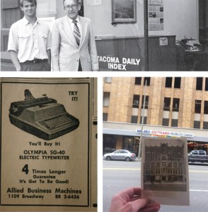 TOP: Tacoma native Marshall B. Skidmore, with his son, Rob, in October of 1989, outside the Tacoma Daily Index's office on Pacific Avenue in downtown Tacoma. Skidmore, who passed away on July 23, 2007, at the age of 83, owned the Index for 37 years (PHOTO COURTESY SKIDMORE FAMILY); ABOVE RIGHT: When our newspaper opened its doors in 1890, it did so inside a five-story stone-and-brick building located at 1110-1116 Pacific Avenue in downtown Tacoma. The building was demolished in 1931 to make way for a parking garage (PHOTO BY TODD MATTHEWS / HISTORIC PHOTO COURTESY TACOMA PUBLIC LIBRARY); Forget iPads and laptops. An advertisement for a new electric typewriter ran in the Tacoma Daily Index on Oct. 8, 1964.(PHOTOS VIA TACOMA DAILY INDEX)