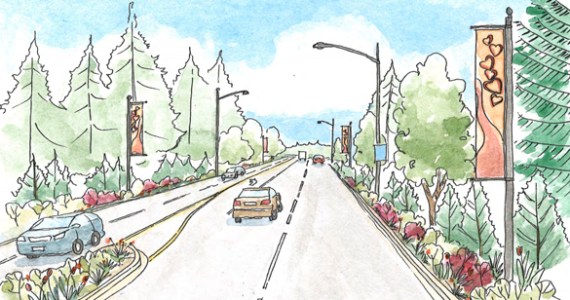 The South Sprague Avenue Enhancement Project will include landscape improvements, rain gardens, and a new median to provide traffic calming for a new neighborhood gateway wing. (IMAGE COURTESY CITY OF TACOMA)