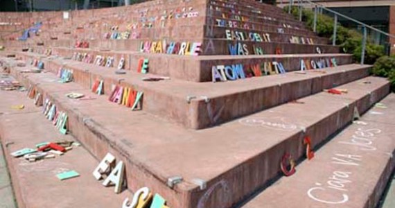 A temporary installation entitled "Words" by Tacoma artist James Grayson Sinding opened in Tollefson Plaza in downtown Tacoma thanks in part to a grant from Spaceworks Tacoma and the Tacoma Arts Commission's Tacoma Artists Initiative Program. (FILE PHOTO BY TODD MATTHEWS)
