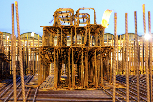 Hand-crafted rebar cages await installation into the third cycle of pontoons being built in Tacoma. This photo was taken while the second cycle was being prepared for float-out Monday morning. (PHOTO COURTESY WASHINGTON STATE DEPARTMENT OF TRANSPORTATION)