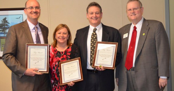 A team of Pierce County employees who redesigned part of the county's Web site to make it much easier for citizens to access public records were honored Wednesday by the Washington Coalition for Open Government (WCOG). WCOG President Toby Nixon (far right) presented the organization's Key Award to county communications director Hunter George, the project sponsor, Diane Ladenburg, public records ombudsman, and Al Rose, justice services director. (PHOTO COURTESY PIERCE COUNTY)