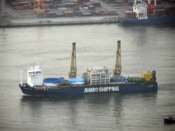 Bertha, the five-story-tall machine that will dig the SR 99 tunnel beneath downtown Seattle, leaves Osaka, Japan aboard the Jumbo Fairpartner on March 19, 2013. Crews in Seattle will reassemble the machine's 41 pieces in an 80-foot-deep pit to the east of Terminal 46. Tunneling is scheduled to start in summer 2013. Manufactured by Hitachi Zosen Corp., Bertha is the world's largest-diameter tunneling machine. (PHOTO COURTESY WASHINGTON STATE DEPARTMENT OF TRANSPORTATION)