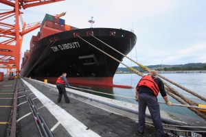 The ZIM Djibouti, the largest container ship ever to call in Tacoma, arrived at the Port of Tacoma on July 10. (PHOTO COURTESY PORT OF TACOMA)