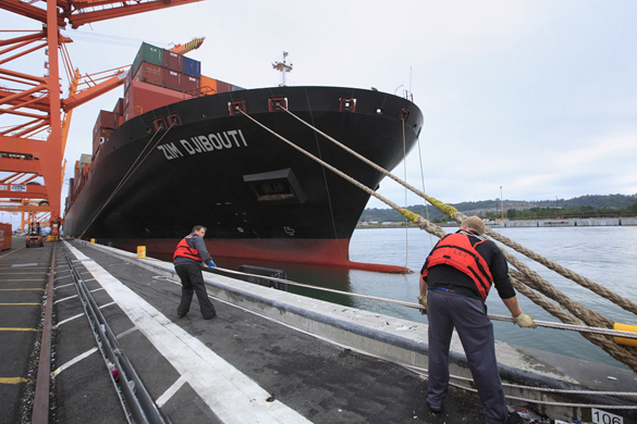 The ZIM Djibouti, the largest container ship ever to call in Tacoma, arrived at the Port of Tacoma on July 10. (PHOTO COURTESY PORT OF TACOMA)