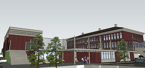 A view of the Washington Elementary School remodel design from 27th Street and Washington Street. (IMAGE COURTESY TACOMA PUBLIC SCHOOLS)