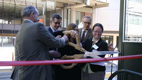 SEPTEMBER 2011 | Tacoma City Councilmember Jake Fey, Sound Transit Executive Director of Communications and External Affairs Ron Klein, Tacoma City Councilmember and Deputy Mayor Lauren Walker, Tacoma Economic Development Board President and CEO Bruce Kendall, and Tacoma artist Chandler O'Leary attended a ribbon-cutting ceremony Thursday to officially mark the opening of a new Link light rail station in downtown Tacoma. (TACOMA DAILY INDEX FILE PHOTO BY TODD MATTHEWS)