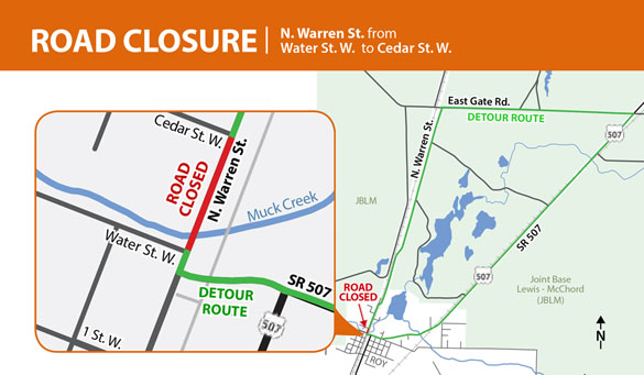 The North Warren Street Bridge that crosses Muck Creek in Roy will be closed for four months starting Mon., Aug. 12 so the bridge can be replaced. (IMAGE COURTESY PIERCE COUNTY)