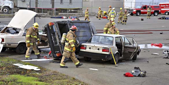 Tacoma firefighters this week participated in a multi-company drill to hone their skills during a mass causality incident. (PHOTO COURTESY TACOMA FIRE DEPARTMENT)