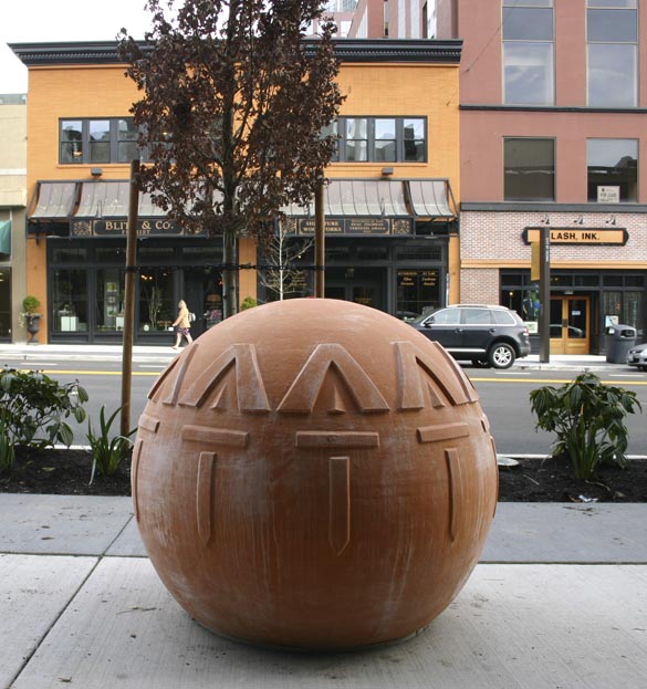 Six large, colorful orbs created by local artist Elizabeth Conner were installed this week along an eight-block stretch of Pacific Avenue in downtown Tacoma. (PHOTO BY TODD MATTHEWS)