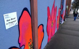 A sneak preview of artist Chelsea O'Sullivan's work-in-progress "Turn On Spring," a long mural on a series of 10 large panels running down South 11th Street. (PHOTO COURTESY SPACEWORKS TACOMA)