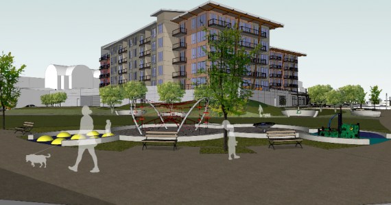 The City of Tacoma is requesting a $60,000 grant from the Washington State Recreation and Conservation Office to help pay for a children's play area at a City-owned park near South 21st Street and Dock Street. The eco-friendly play area would feature a LEED-certified mat surface and landscaping with native plants. It would also expand the diversity of use within the park and draw more visitors and activities to the area. The project is a partnership between the City of Tacoma, Foss Waterway Development Authority, and The Henry Group, a private developer currently constructing a 161-unit, $32 million apartment building nearby. (IMAGE COURTESY CITY OF TACOMA)