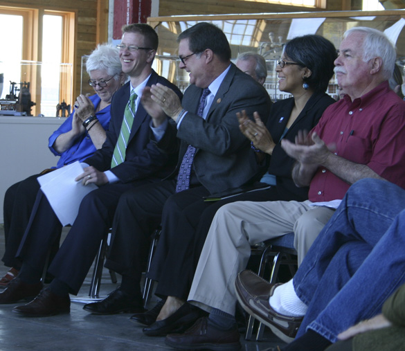 Port of Tacoma Commissioner Clare Petrich, Congressman Derek Kilmer, Congressman Denny Heck, Tacoma Mayor Marilyn Strickland, and Clallam County Commissioner Mike Doherty were at Tacoma's Foss Waterway Seaport Monday morning to support proposed legislation to create a National Maritime Heritage Area in the State of Washington. (PHOTO BY TODD MATTHEWS)