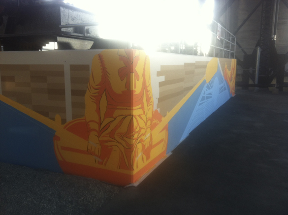 Gig Harbor artist Nick Goettling is creating a mural along Dock Street on the concrete wall of the stormwater collection system below the western side of Tacoma's Murray Morgan Bridge. The mural is expected to be completed this fall. (PHOTO BY TODD MATTHEWS)