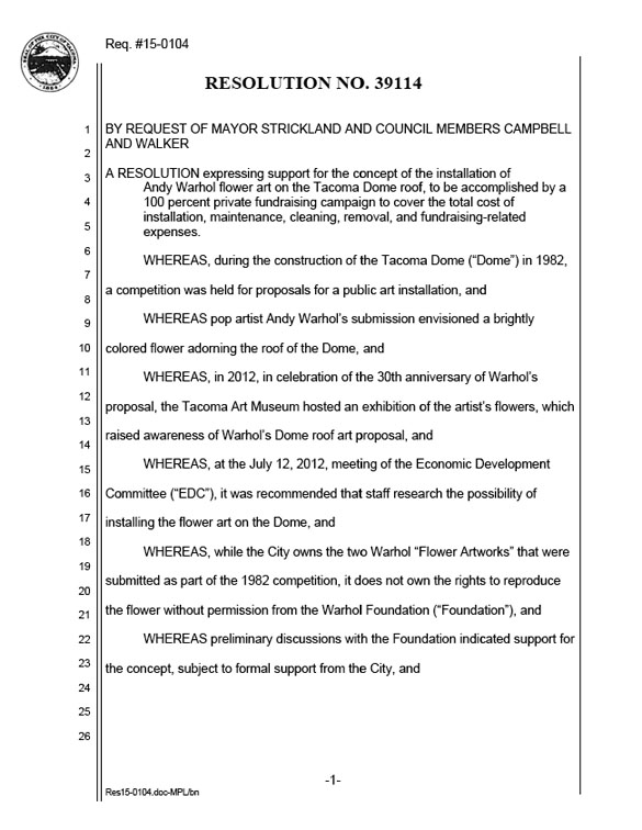 City Council vote would formally support Warhol art atop Tacoma Dome