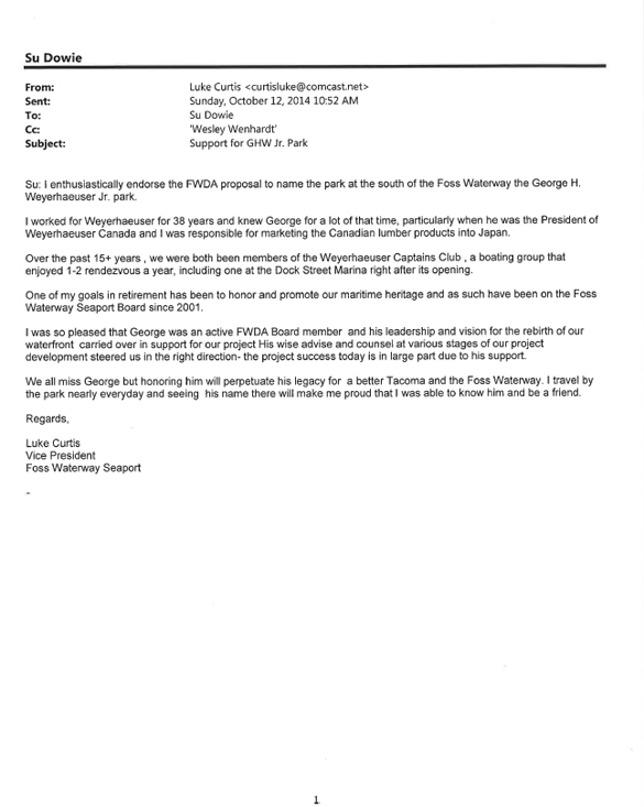 Letters to Tacoma City Hall support Weyerhaeuser Park along Thea Foss Waterway