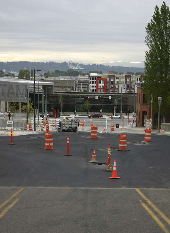 Contractors appear to be close to wrapping up work on a major project to realign South 17th Street in downtown Tacoma near the University of Washington Tacoma. (PHOTO BY TODD MATTHEWS)