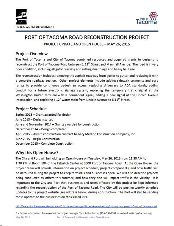 Open house May 26 for major Port of Tacoma Road project