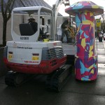 Contractors on Wednesday removed a downtown Tacoma art installation created 40 years ago by Pacific Northwest artist Harold Balazs. A City of Tacoma staff report recently noted the artwork was unstable and posed a safety hazard. (PHOTO BY TODD MATTHEWS)