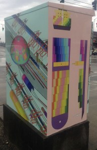 Local artists Tim + April created artwork for this traffic box in the Dome District as part of the City of Tacoma's Traffic Box Wrap Project. (PHOTO BY TODD MATTHEWS)