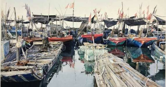 Lance Hunters Without Reason was awarded 1st place of $2,000 cash. Second place of $1,300 cash went to Tiantian Ji from China for his painting, Fishing Port, (pictured above). Image courtesy Northwest Watercolor Society