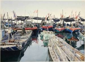 Lance Hunters Without Reason was awarded 1st place of $2,000 cash. Second place of $1,300 cash went to Tiantian Ji from China for his painting, Fishing Port, (pictured above). Image courtesy Northwest Watercolor Society