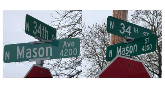 I was not alone in my confusion. The very same intersection, on opposing corners, holds different designations. (Photo by Morf Morford)