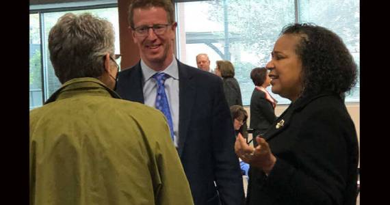 Speaker of the House Laurie Jinkins, Congressman Derek Kilmer, and Tacoma Mayor Victoria Woodards at Bates Tech on April 20, 2022. (Photo by Morf Morford)