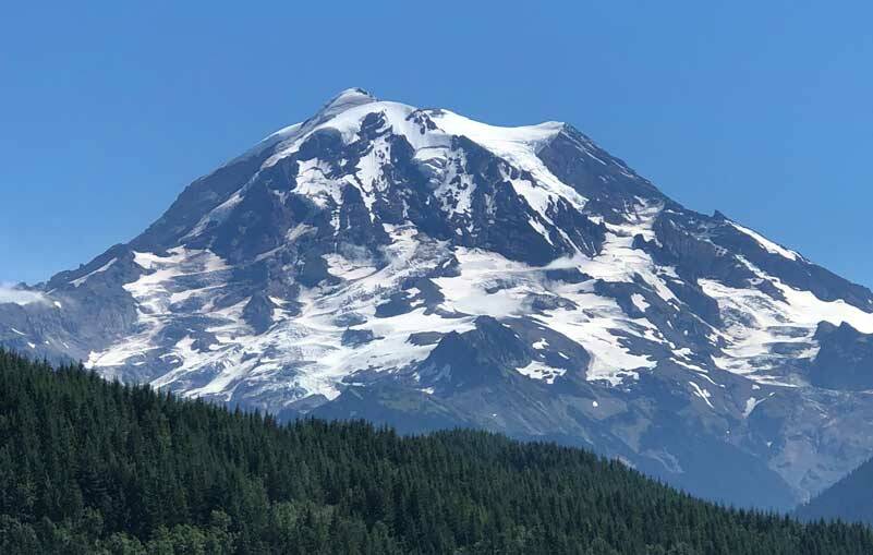 This photo of Mt. Rainier, taken in late August of 2022, shows a record low level of snow. When it comes to a lahar, the less snow the better. (Photo by Morf Morford)