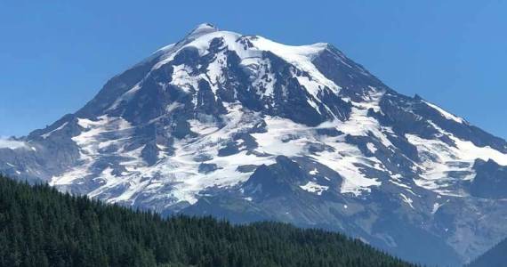 This photo of Mt. Rainier, taken in late August of 2022, shows a record low level of snow. When it comes to a lahar, the less snow the better. (Photo by Morf Morford)