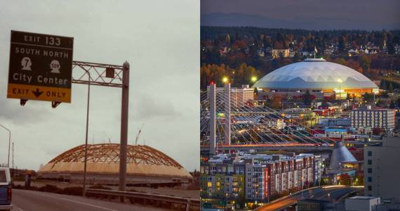 How it started (left picture) / How its going (right picture)
 Image credit, left picture: A snapshot of the Tacoma Dome under construction, circa 1983; photographer unknown; cropped. Image courtesy Northwest Room at The Tacoma Public Library; Image number: Snapshot 006 Tacoma Dome
 Image credit, right picture: Dane Gregory Meyer