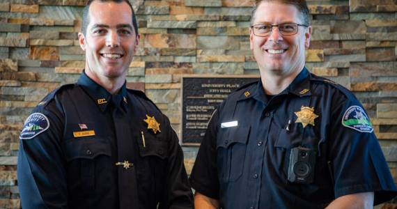 Patrick Burke (left) will be the new chief of police for the City of University Place. Chief Greg Premo (right) is retiring. (Image courtesy City of University Place)