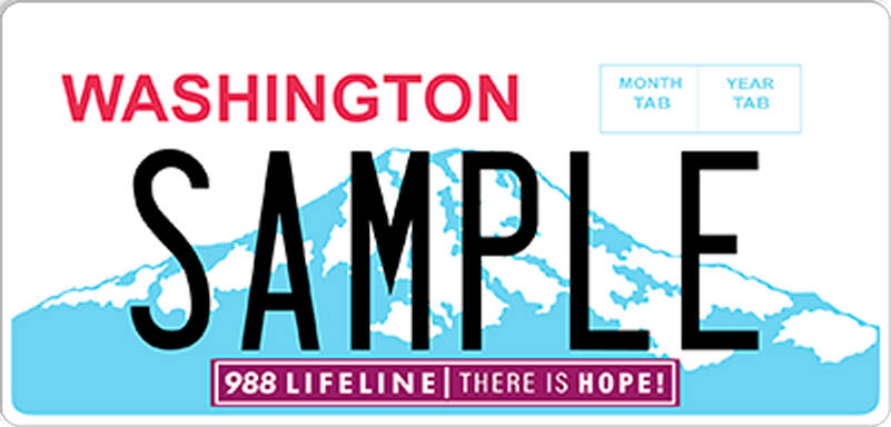 The license plate emblem sits below the plate number and says 988 LIFELINE │ THERE IS HOPE! (<em>Image courtesy WA State Dept. of </em><em>Licensing</em>)
