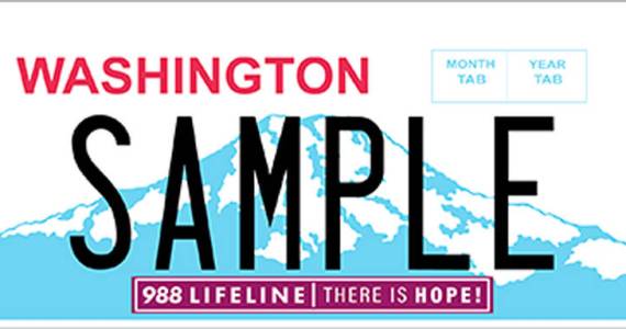 The license plate emblem sits below the plate number and says 988 LIFELINE │ THERE IS HOPE! (<em>Image courtesy WA State Dept. of </em><em>Licensing</em>)