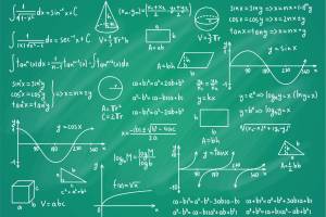 Math Science Formulas Thin Line on a Green Blackboard Background. Vector illustration of Education or Science Concept