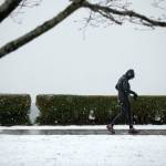 A pedestrian walks through Grand Avenue Park as a light snow comes down Tuesday, Feb. 28, 2023, in Everett, Washington. (Ryan Berry / The Herald)