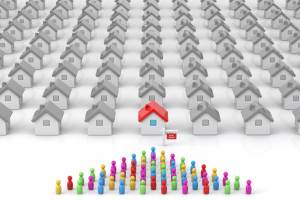 Housing Shortage Supply Demand Crisis Home Inventory 3d Concept Illustration, people in queue to purchase home
