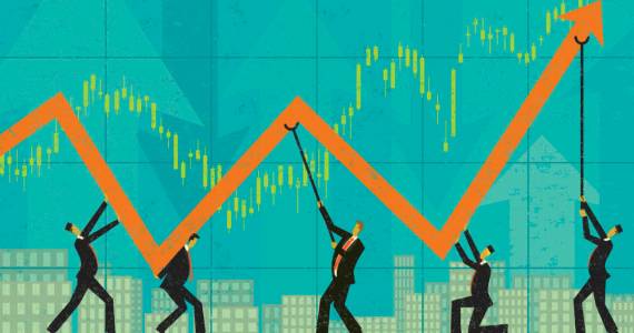 Businessman holding up profits during tough economic times. The men and background are on separate labeled layers.