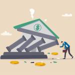 Banking collapse or bank run, financial crisis or bankruptcy problem, stock market crash or credit risk, failure or investment failure concept, frustrated businessman look at collapsing bank building.