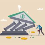 Banking collapse or bank run, financial crisis or bankruptcy problem, stock market crash or credit risk, failure or investment failure concept, frustrated businessman look at collapsing bank building.