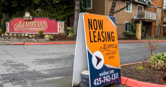 Sound Publishing file photo
A leasing sign in visible outside of Acappella Apartment Homes last year in Everett, Washington.