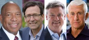 Primary candidates in the 2024 Washington state governors race. From left to right, Semi Bird (R), Bob Ferguson (D), Mark Mullet (D) and Dave Reichert (R). (Photos courtesy of campaigns)