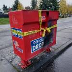 Monika Spykerman/The Columbian/Courtesy of Washington State Standard
A ballot drop box damaged in a suspected arson incident in Vancouver, Washington, on Oct. 28, 2024.
