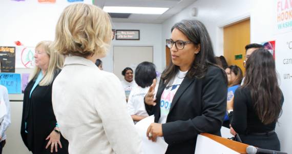 30th District State Rep. Kristine Reeves (D), at right, is seen at a campaign kickoff event in Sept. 2024 for a coalition called Flavors Hook Kids Washington, which seeks to end the sale of flavored tobacco products in the state. File photo