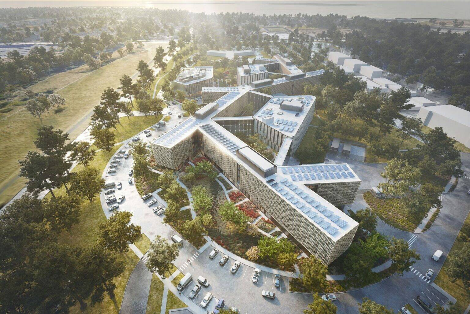 A rendering shows the design of the new Western State Hospital, set to be completed between 2027 and 2029. (Image courtesy of HOK Architecture)