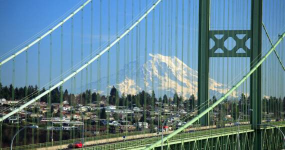 File photo 
Tacoma Narrows Bridge with Mt Rainier in the background.