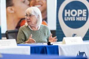 U.S. Sen. Patty Murray speaks at a round table discussion about the Trump administraton restricting homelessness assistance funding in May 2025 in Everett. (Sound Publishing file photo)