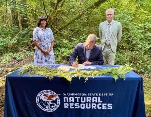 Washington Public Lands Commissioner Dave Upthegrove signs a directive ordering the conservation of about 77,000 acres of older forests on state logging lands, on Aug. 26, 2025, at the High Point Trailhead on Tiger Mountain. Behind him are Washington Conservation Action CEO Alyssa Macy, left, and Thurston County Commissioner Tye Menser, right. (Photo by Emily Fitzgerald/Washington State Standard)