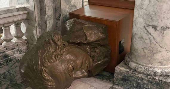 A bust of George Washington lies tipped over on the third floor of the Washington state Capitol building in Olympia, after a vandal broke in and caused damage on Sunday night. (Photo courtesy of Department of Enterprise Services)